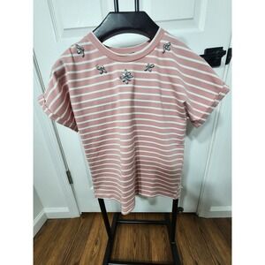 On Twelfth Pink White Striped Rhinestone Embellished Cuffed Sleeve Top Small